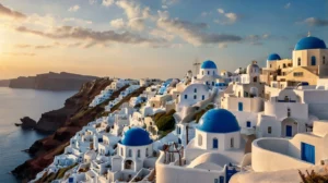 "A serene tropical scene in Bali, Indonesia. Show lush green rice terraces at sunrise, with a solo traveler in a straw hat walking on a narrow path. Include palm trees, a distant temple, and soft golden light. Peaceful, exotic, travel photography style."